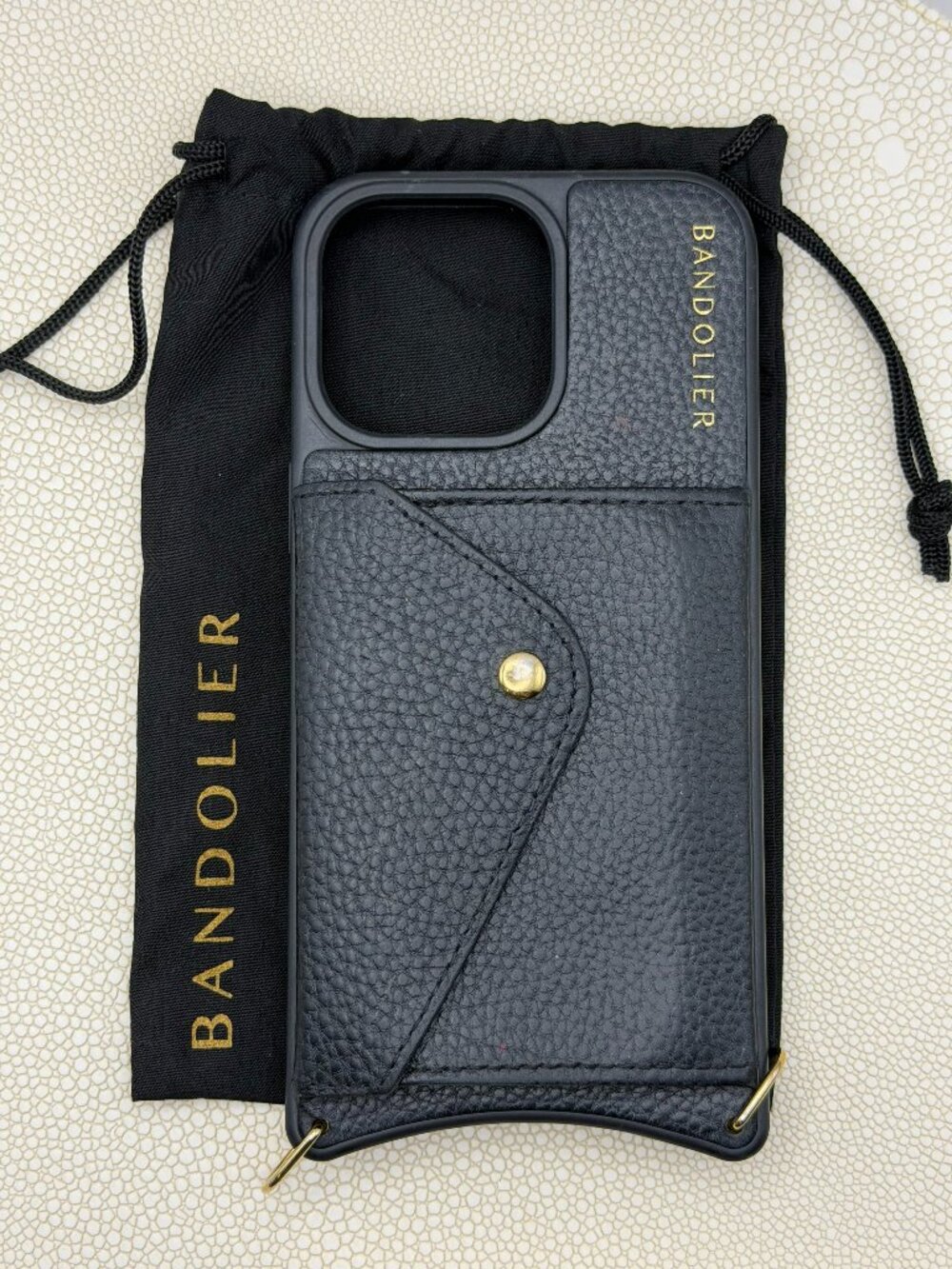 Bandolier Haily Black/Gold Leather iPhone 15 ProMax Case with Wallet – Case Only